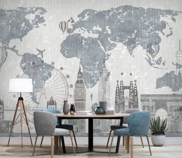Vintage Style Blue White World Map City Clock Tower Wallpaper Self Adhesive Peel and Stick Wall Sticker Wall Decoration Removable