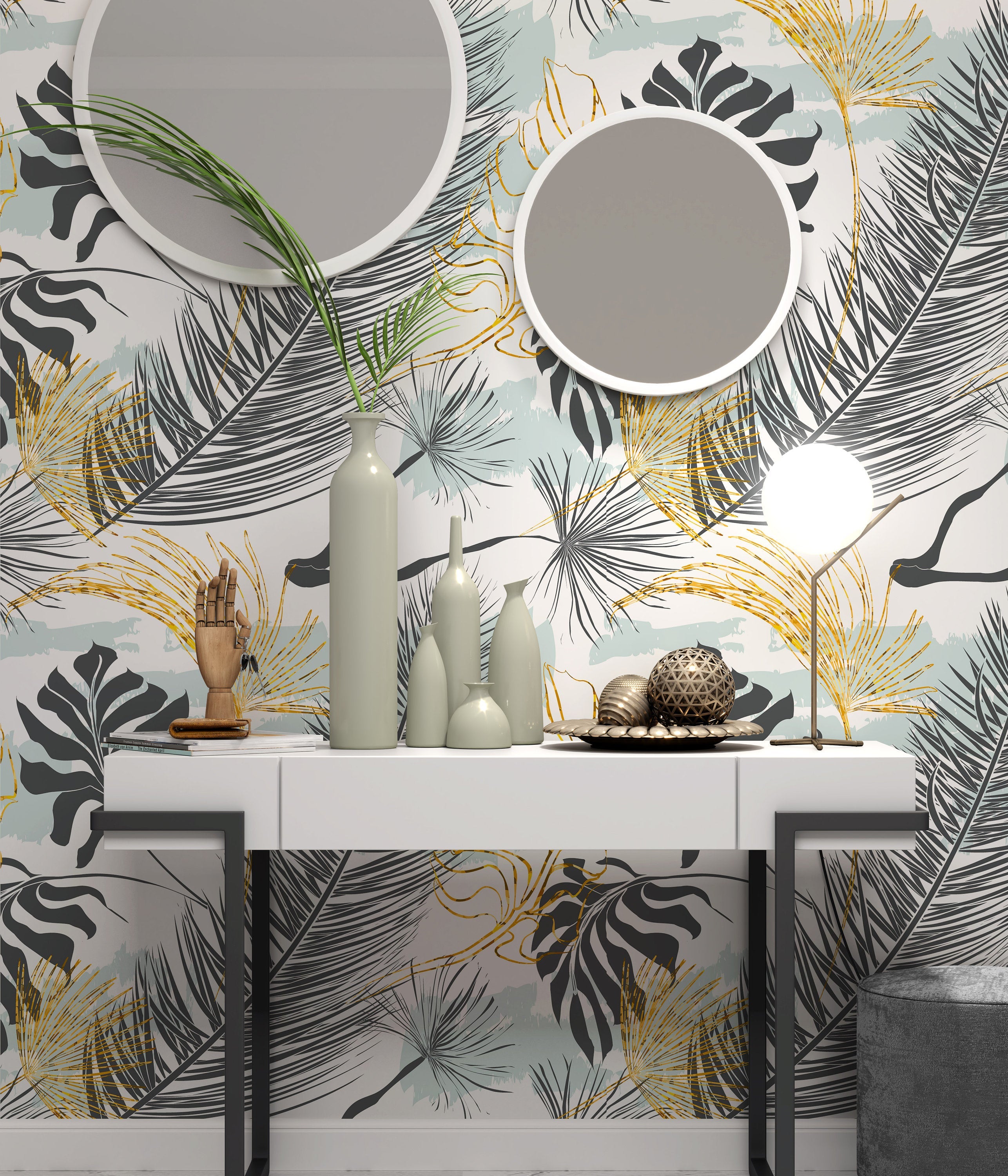 Tropical Banana Palm Leaves Flowers Trendy Design Wallpaper Self Adhesive Peel and Stick Wall Sticker Wall Decoration Removable