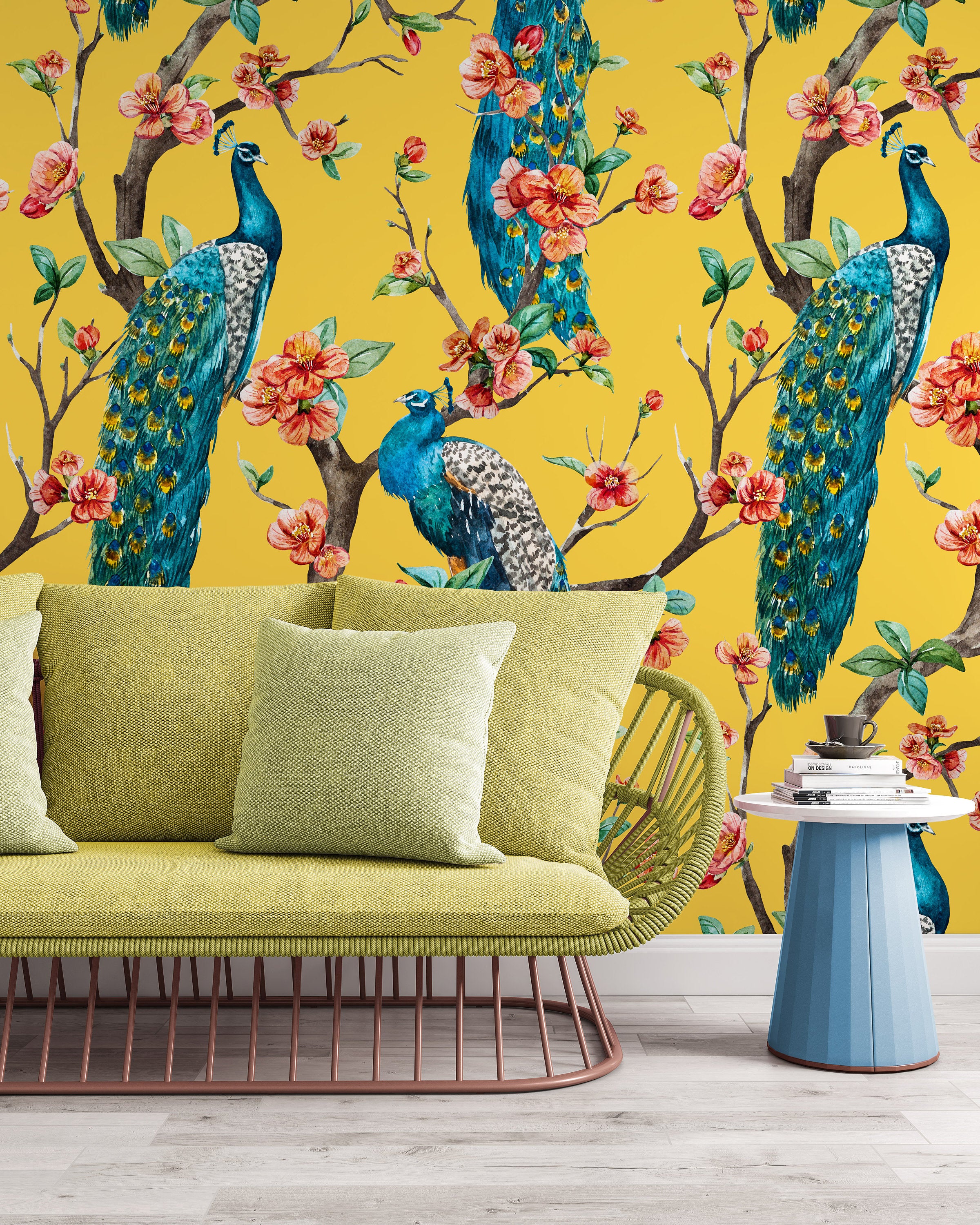 Watercolor Peacock on the Tree Cherry Wallpaper Self Adhesive Peel & Stick Wall Sticker Wall Decoration Scandinavian Design Removable