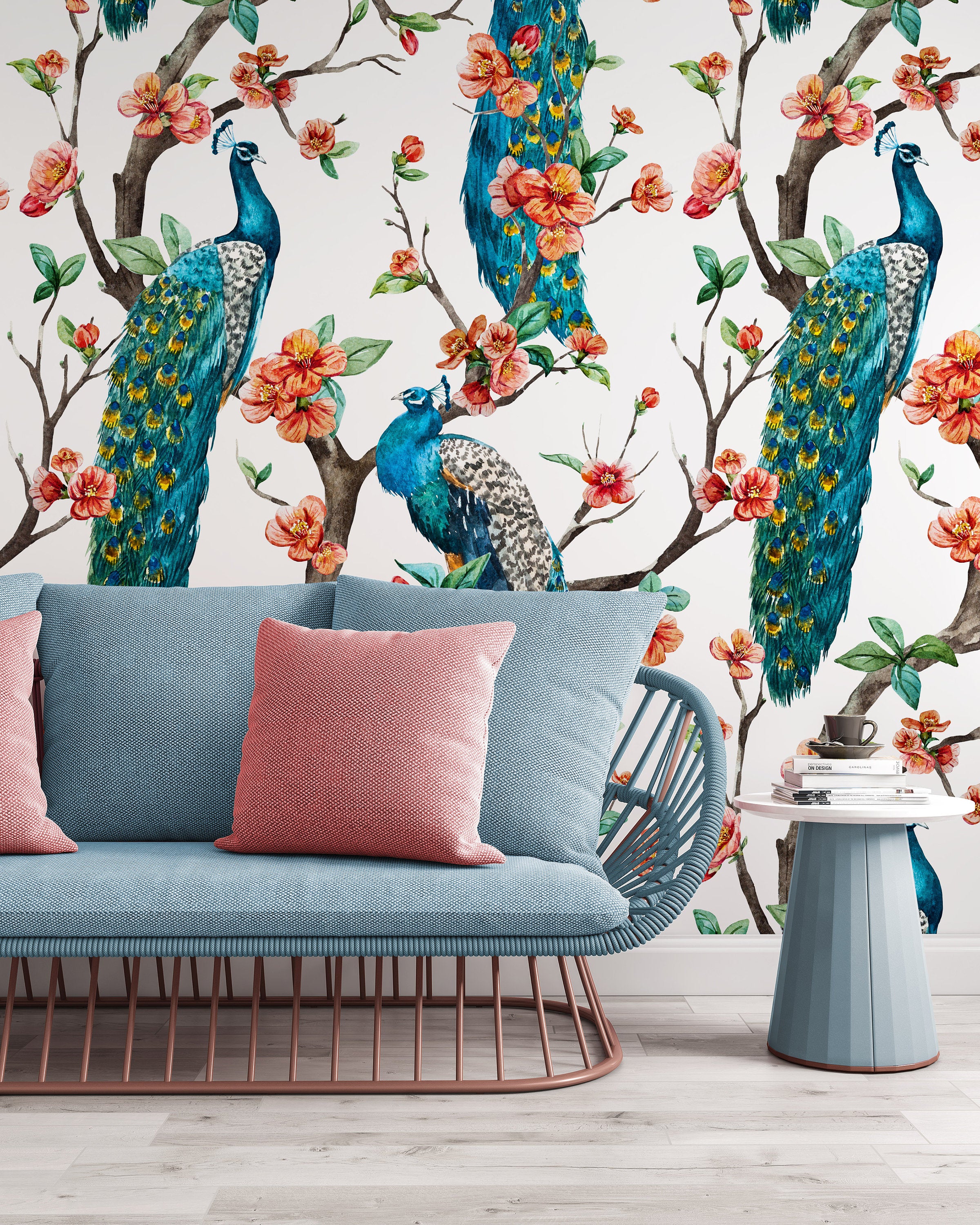 Watercolor Peacock on the Tree Cherry Wallpaper Self Adhesive Peel & Stick Wall Sticker Wall Decoration Scandinavian Design Removable