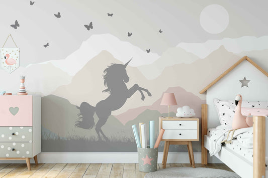 Unicorn Colorful Mountains Butterflies Wallpaper Self Adhesive Peel & Stick Wall Sticker Wall Decoration Minimalistic Scandinavian Removable