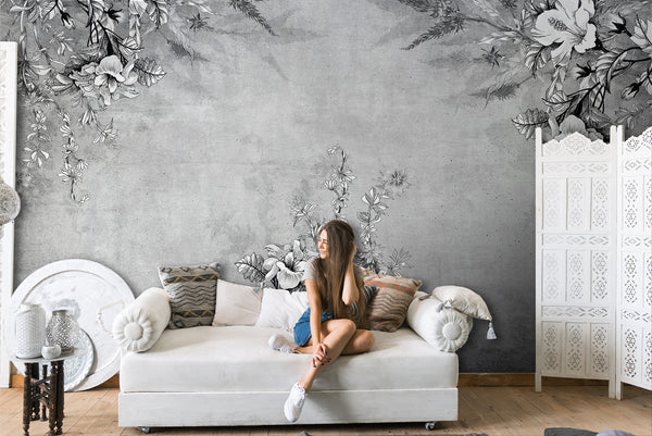 Botanical Gray White Leaves Plants Flowers Modern Design Floral Wallpaper Self Adhesive Peel and Stick Wall Sticker Wall Decoration