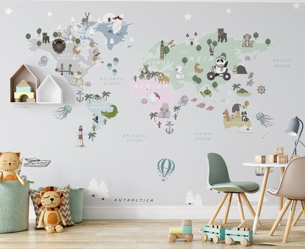 Colored Continents Funny Animals World Map Wallpaper Self Adhesive Peel and Stick Home House Wall Decoration Scandinavian Design Removable