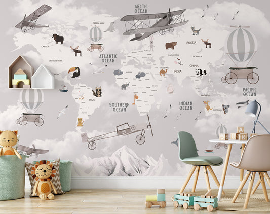 Old Style Airplanes Baby Animals World Map Wallpaper Self Adhesive Peel and Stick Wall Sticker Wall Decoration Scandinavian Design Removable