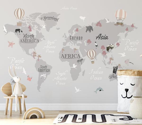 Continental and Ocean Names Animals World Map Wallpaper Self Adhesive Peel and Stick Wall Sticker Wall Decoration  Removable