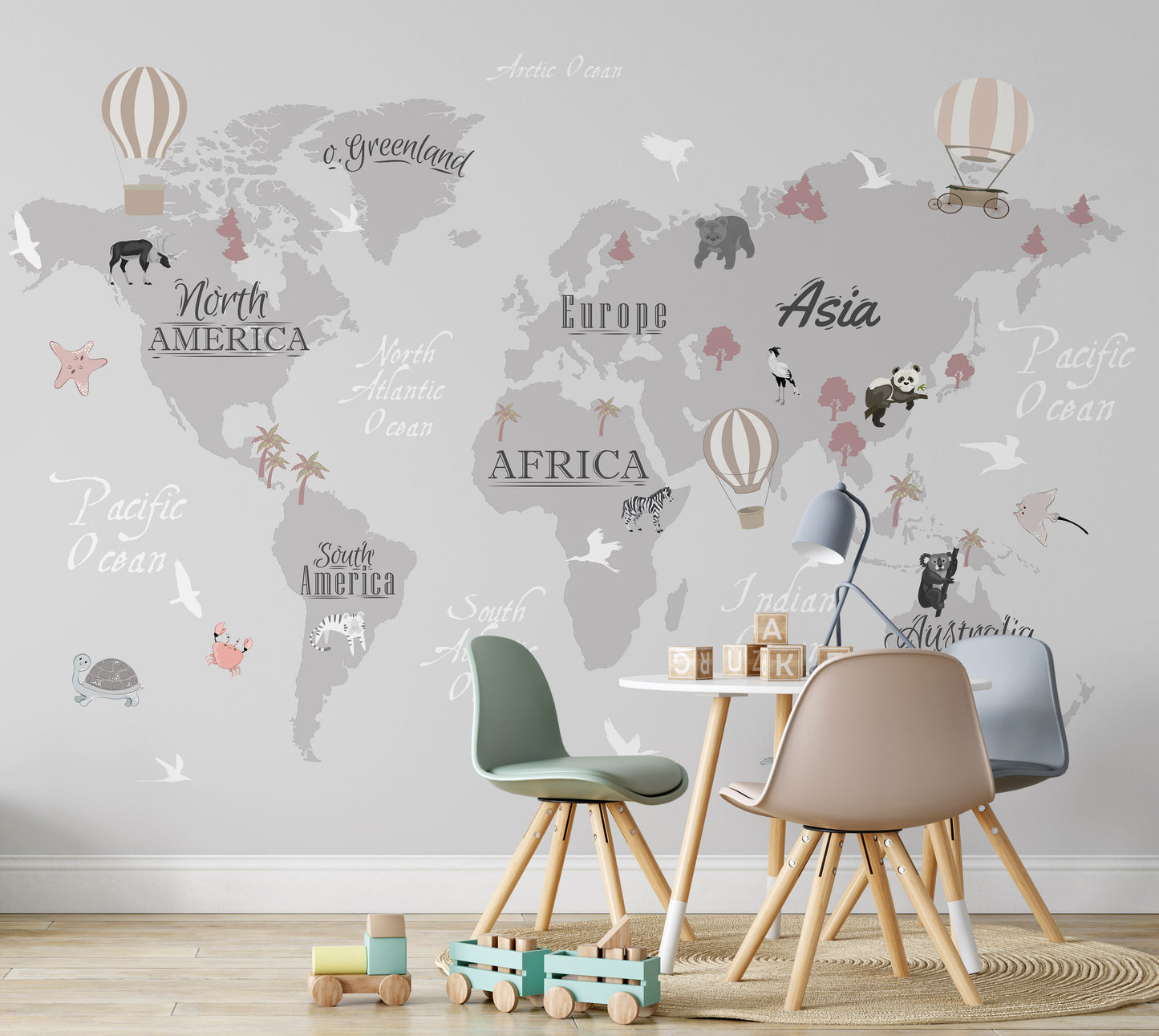 Continental and Ocean Names Animals World Map Wallpaper Self Adhesive Peel and Stick Wall Sticker Wall Decoration  Removable