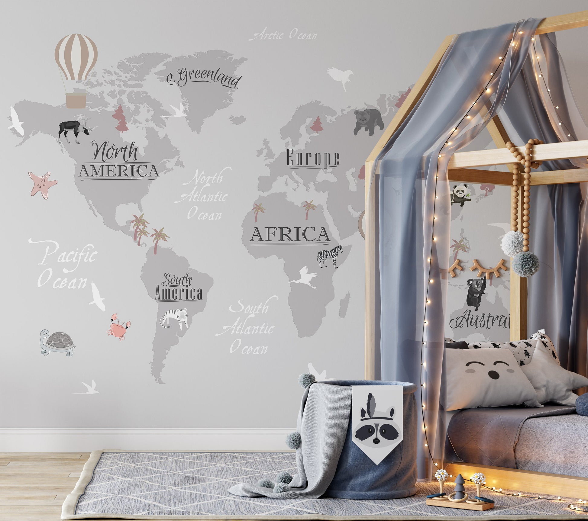 Continental and Ocean Names Animals World Map Wallpaper Self Adhesive Peel and Stick Wall Sticker Wall Decoration  Removable