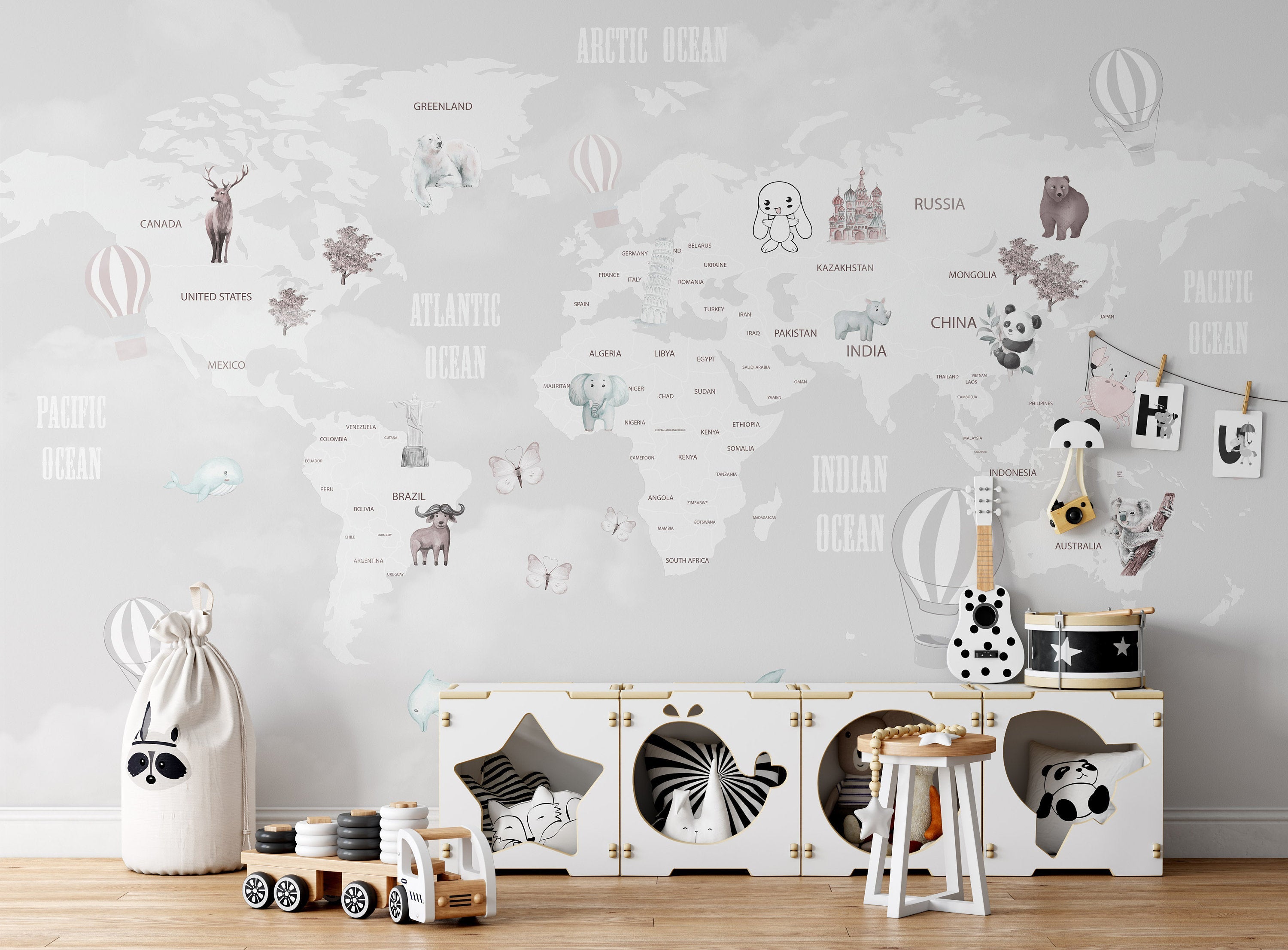 Ocean and Country Names Air Balloons Baby Animals World Map Wallpaper Self Adhesive Peel and Stick Wall Sticker Wall Decoration Removable