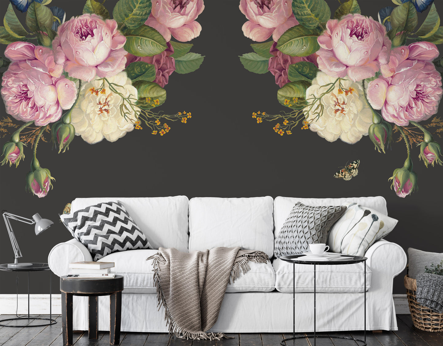 Colorful Roses and Flowers Leaves On The Dark Background Wallpaper Self Adhesive Peel and Stick Wall Sticker Wall Decoration Removable