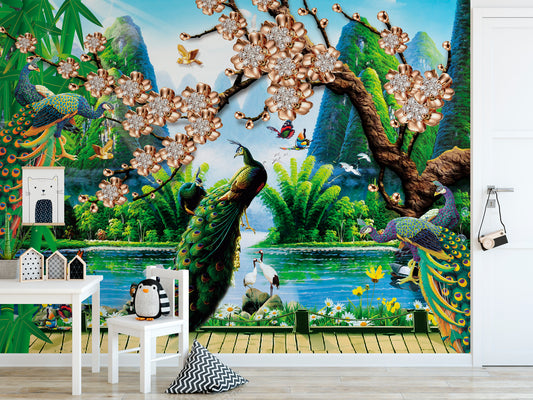 Flowers and Mountain Colored Peacock Wallpaper Self Adhesive Peel & Stick Wall Sticker Wall Decoration Removable