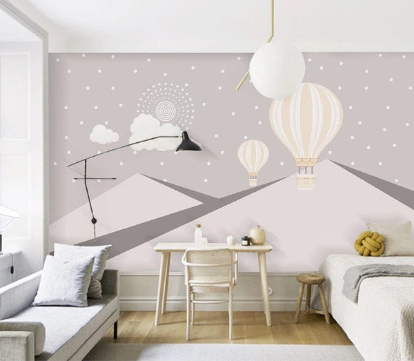 Hot Air Balloons Pinkish Mountains Sun Clouds Wallpaper Self Adhesive Peel &Stick Wall Sticker Wall Decoration Scandinavian Design Removable