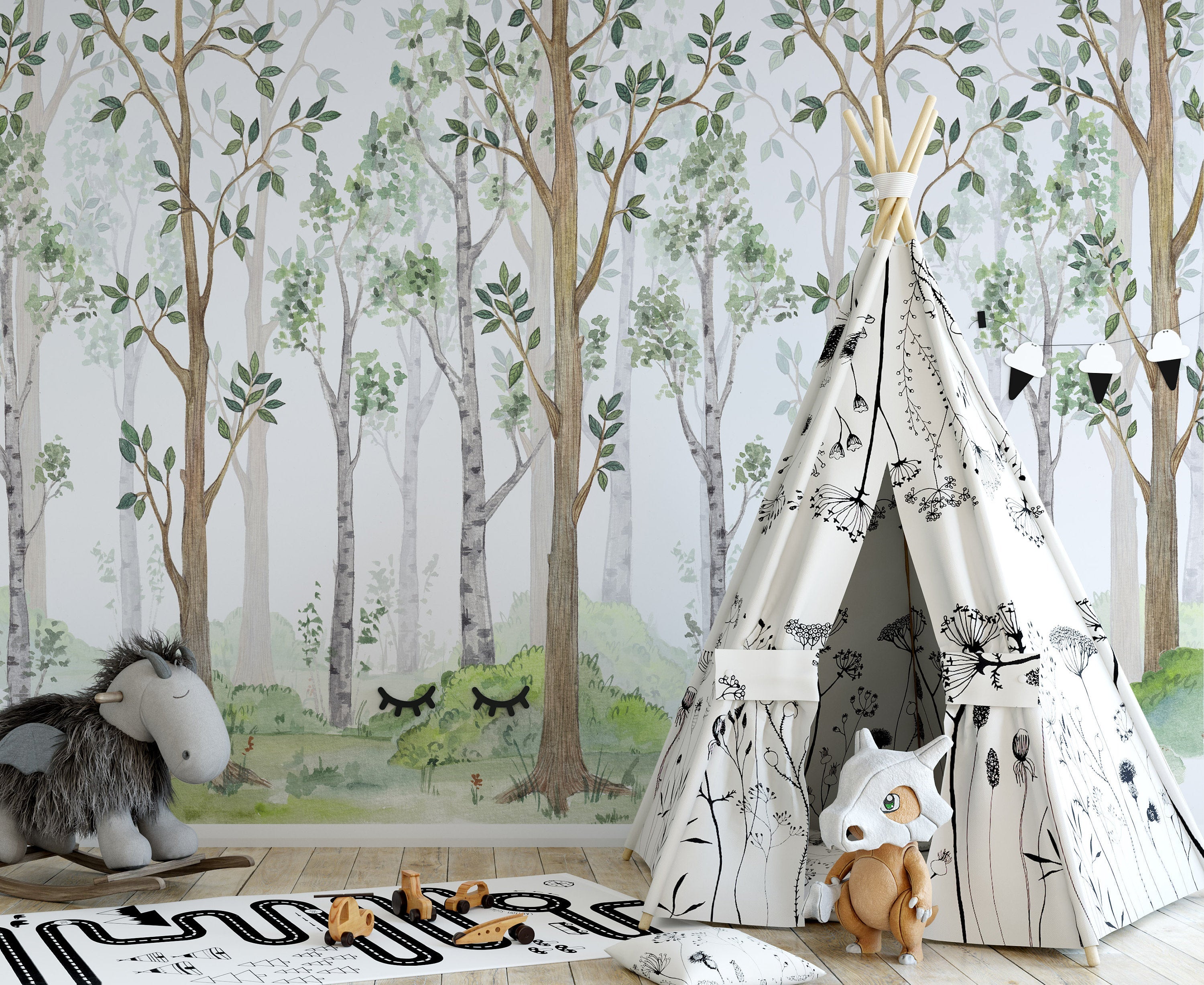Watercolor Illustration Fairy Forest Children&#39;s Interior Wallpaper Self Adhesive Peel and Stick Wall Sticker Wall Decoration Removable