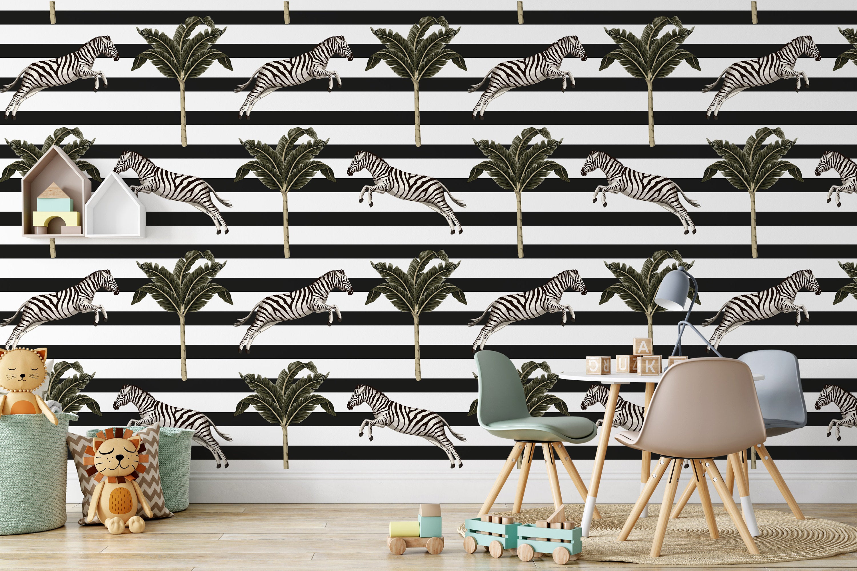 Tropical Banana Tree Zebra Running Wildlife Animal Floral Wallpaper Self Adhesive Peel and Stick Wall Sticker Wall Decoration Removable