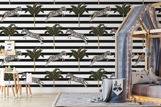 Tropical Banana Tree Zebra Running Wildlife Animal Floral Wallpaper Self Adhesive Peel and Stick Wall Sticker Wall Decoration Removable