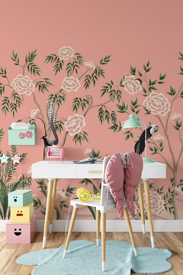 Garden Plants Flowers on the Pink Background Bird Floral Animal Wallpaper Self Adhesive Peel & Stick Wall Sticker Wall Decoration Removable
