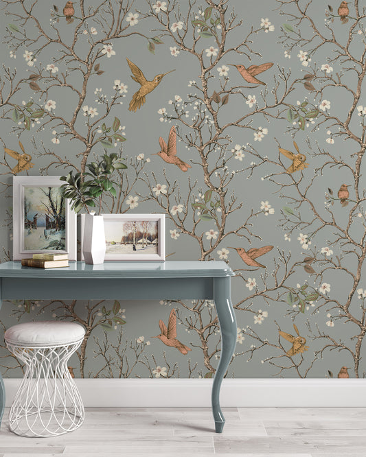 Hummingbirds Flowers Retro Style Floral Backdrop Wallpaper Self Adhesive Peel and Stick Wall Sticker Wall Decoration Scandinavian Removable