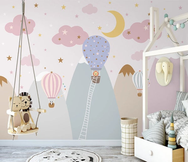 Stars Pink Clouds Hot Air Balloons Crescent Moon Snowy Mountains Wallpaper Self Adhesive Peel & Stick Wall Sticker Wall Decoration Removable
