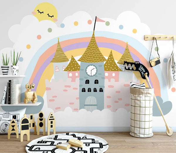 Rainbow Castles Sleeping Sun Clouds Blue Heart Wallpaper Self Adhesive Peel and Stick Wall Decoration Scandinavian Removable