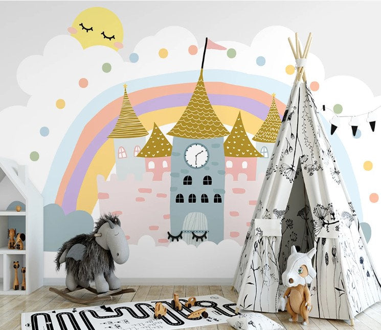 Rainbow Castles Sleeping Sun Clouds Blue Heart Wallpaper Self Adhesive Peel and Stick Wall Decoration Scandinavian Removable