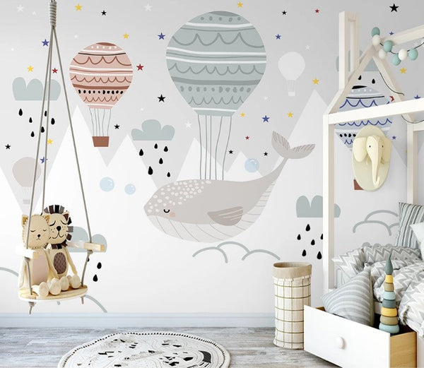 Baby Gray Whale Hot Air Balloons Rain Clouds Wallpaper Self Adhesive Peel and Stick Wall Sticker Wall Decoration Scandinavian Removable