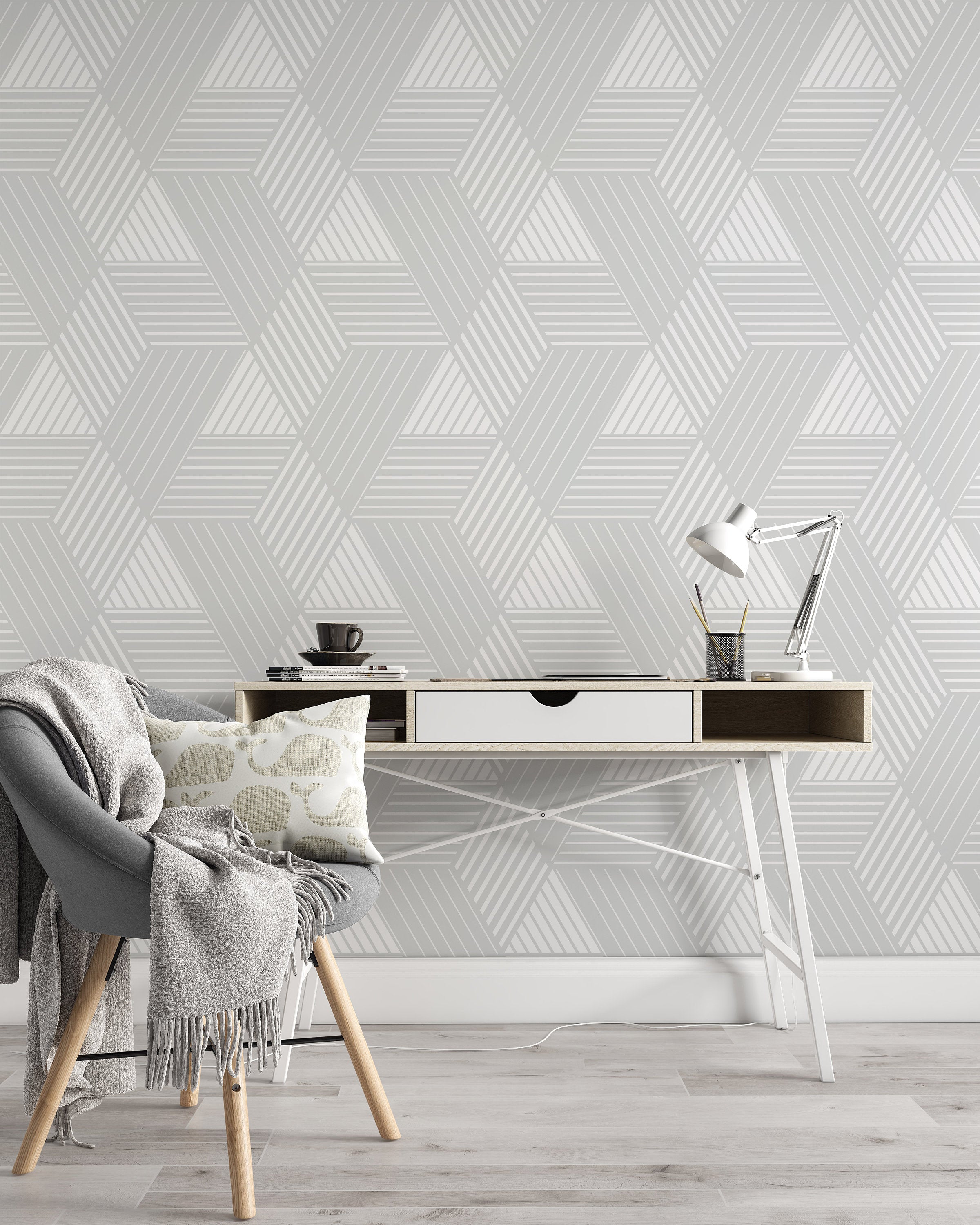 Abstract Geometric Pattern with Lines Gray White Texture Wallpaper Self Adhesive Peel and Stick Wall Sticker Wall Decoration Removable