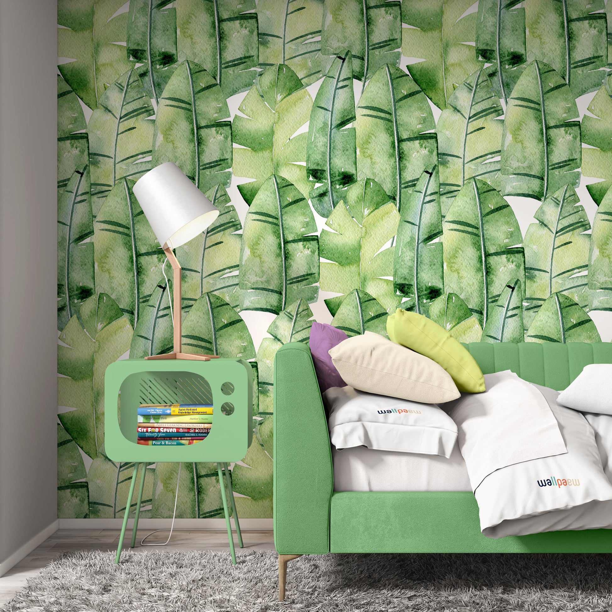 Tropical Watercolor Green Leaves Wallpaper Self Adhesive Peel and Stick Wall Decoration Minimalistic Scandinavian Design Removable