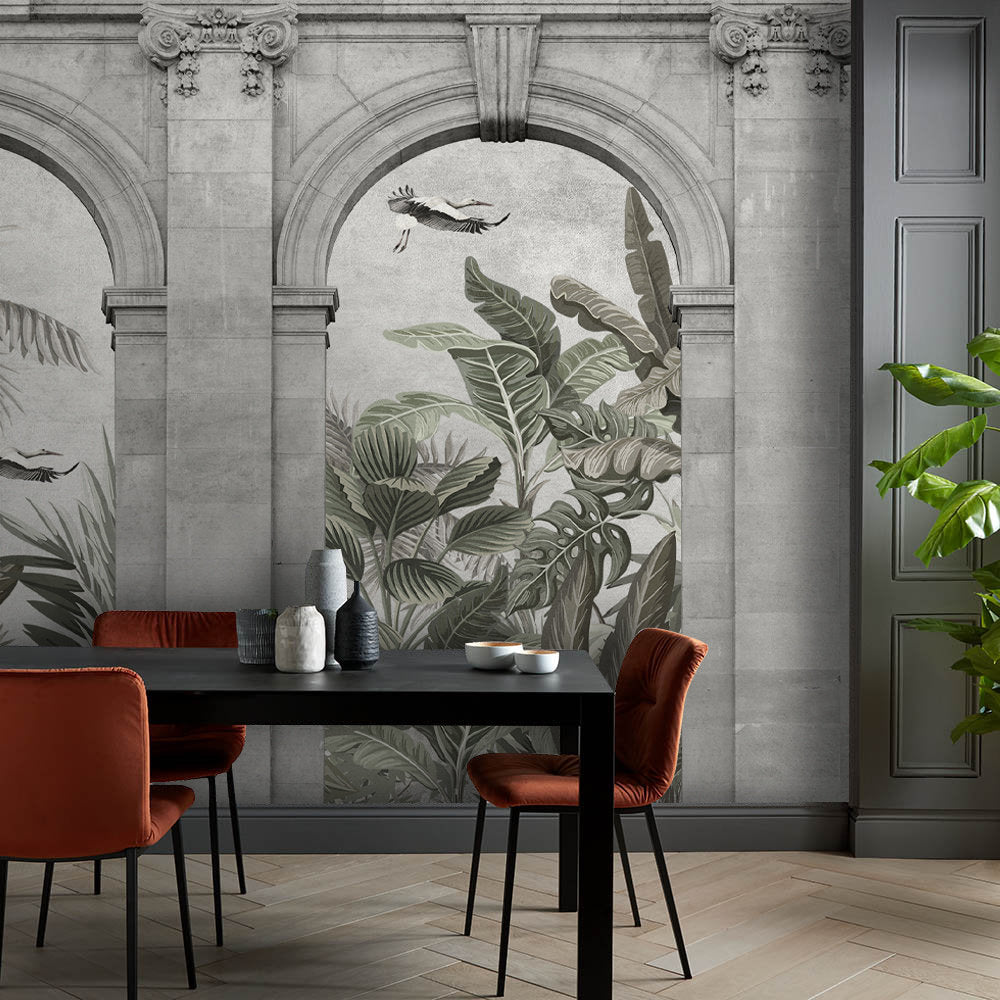 Architectural Building Door Green Plants Wallpaper Self Adhesive Peel and Stick Wall Decoration Minimalistic Scandinavian Design Removable