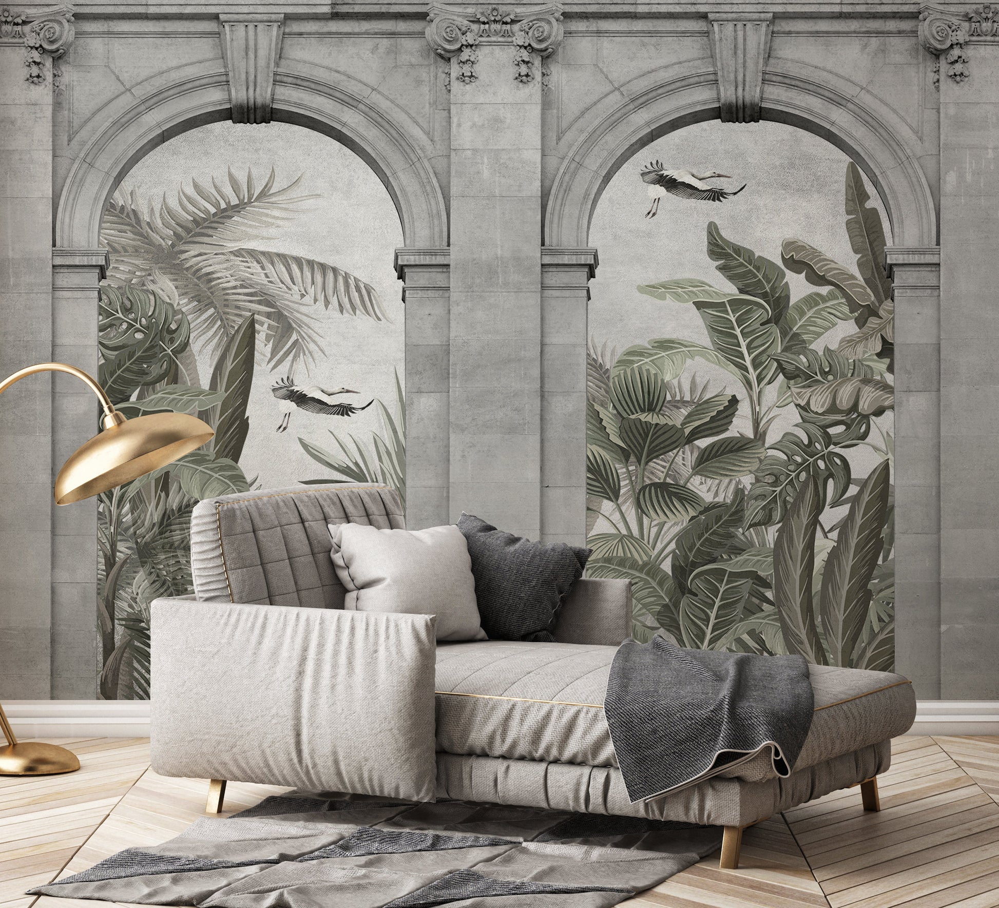 Architectural Building Door Green Plants Wallpaper Self Adhesive Peel and Stick Wall Decoration Minimalistic Scandinavian Design Removable
