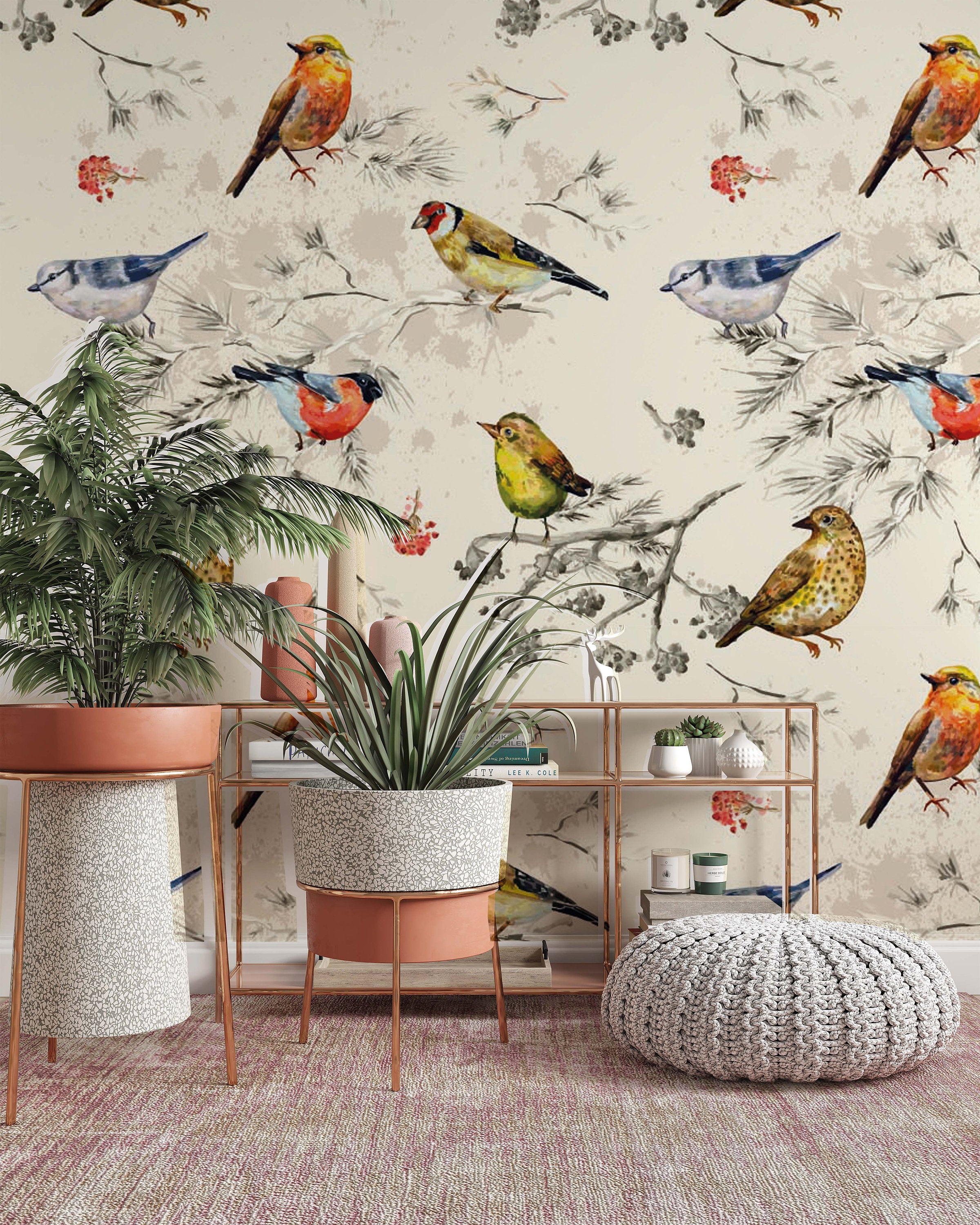 Vintage Texture Colorful Little Birds Watercolor Wallpaper Self Adhesive Peel and Stick Wall Sticker Wall Decoration Scandinavian Removable