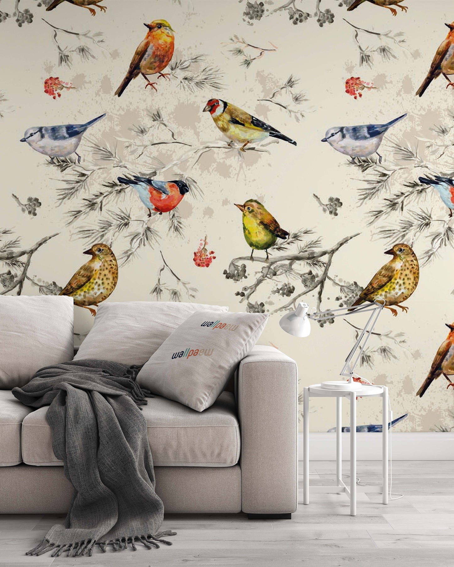 Vintage Texture Colorful Little Birds Watercolor Wallpaper Self Adhesive Peel and Stick Wall Sticker Wall Decoration Scandinavian Removable