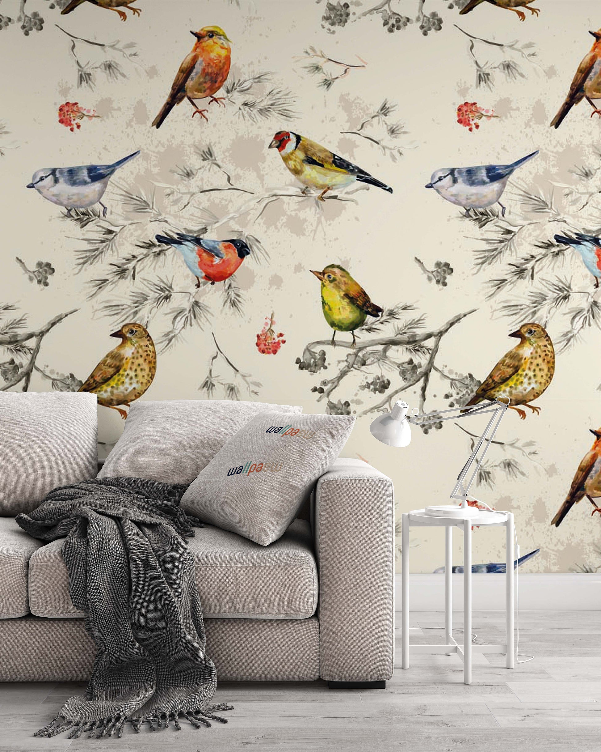Vintage Texture Colorful Little Birds Watercolor Wallpaper Self Adhesive Peel and Stick Wall Sticker Wall Decoration Scandinavian Removable