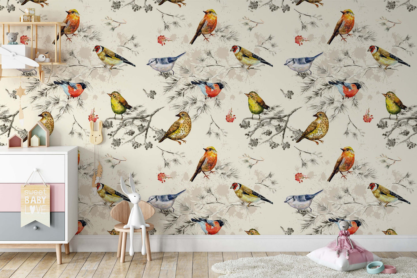 Vintage Texture Colorful Little Birds Watercolor Wallpaper Self Adhesive Peel and Stick Wall Sticker Wall Decoration Scandinavian Removable