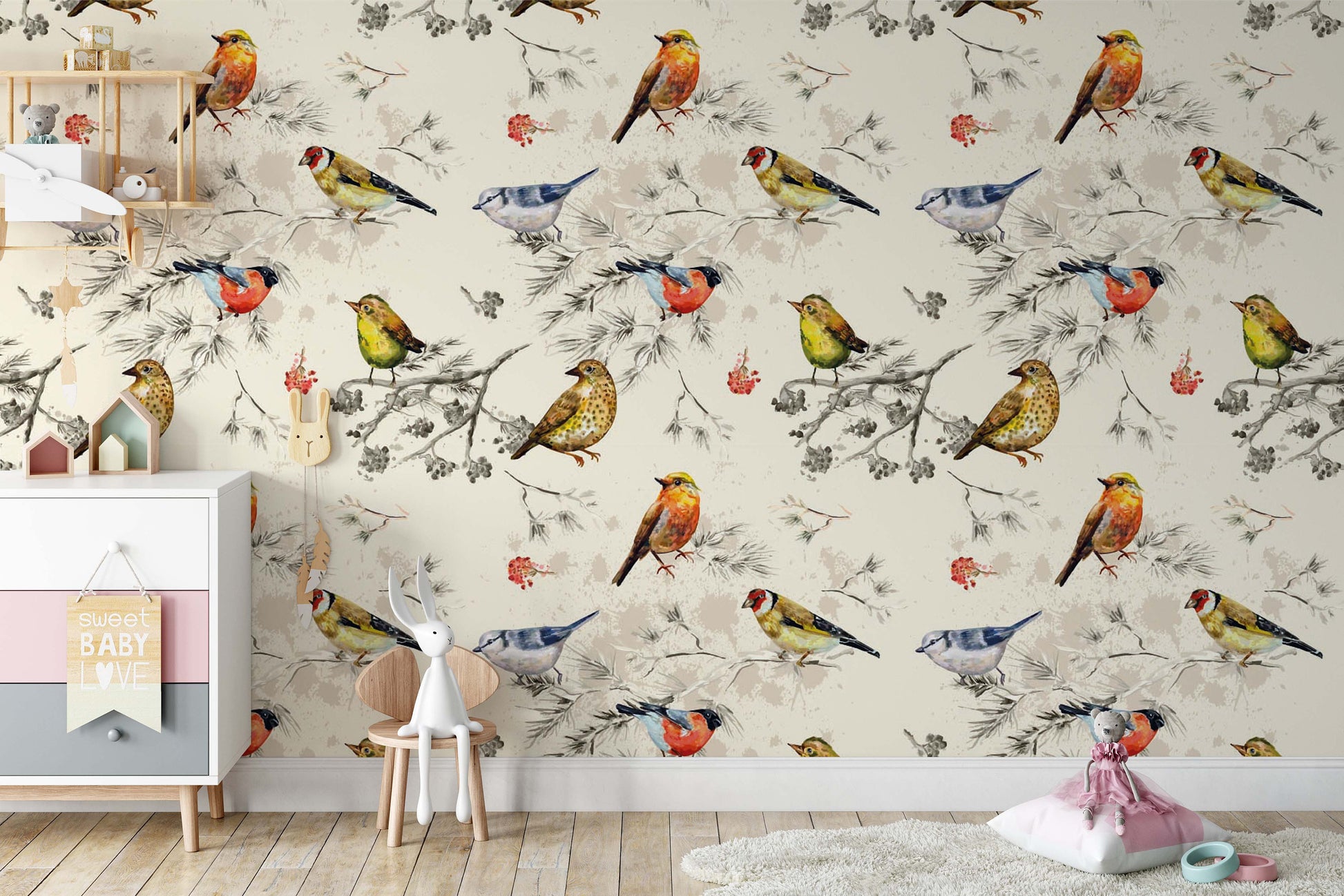 Vintage Texture Colorful Little Birds Watercolor Wallpaper Self Adhesive Peel and Stick Wall Sticker Wall Decoration Scandinavian Removable