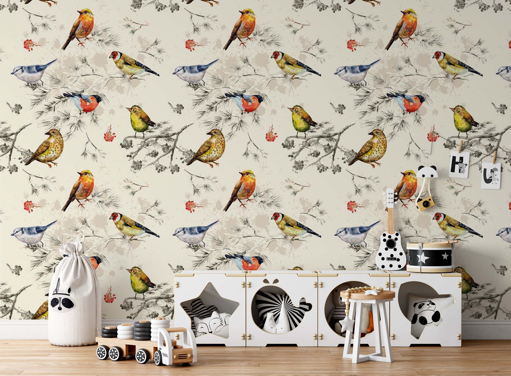 Vintage Texture Colorful Little Birds Watercolor Wallpaper Self Adhesive Peel and Stick Wall Sticker Wall Decoration Scandinavian Removable