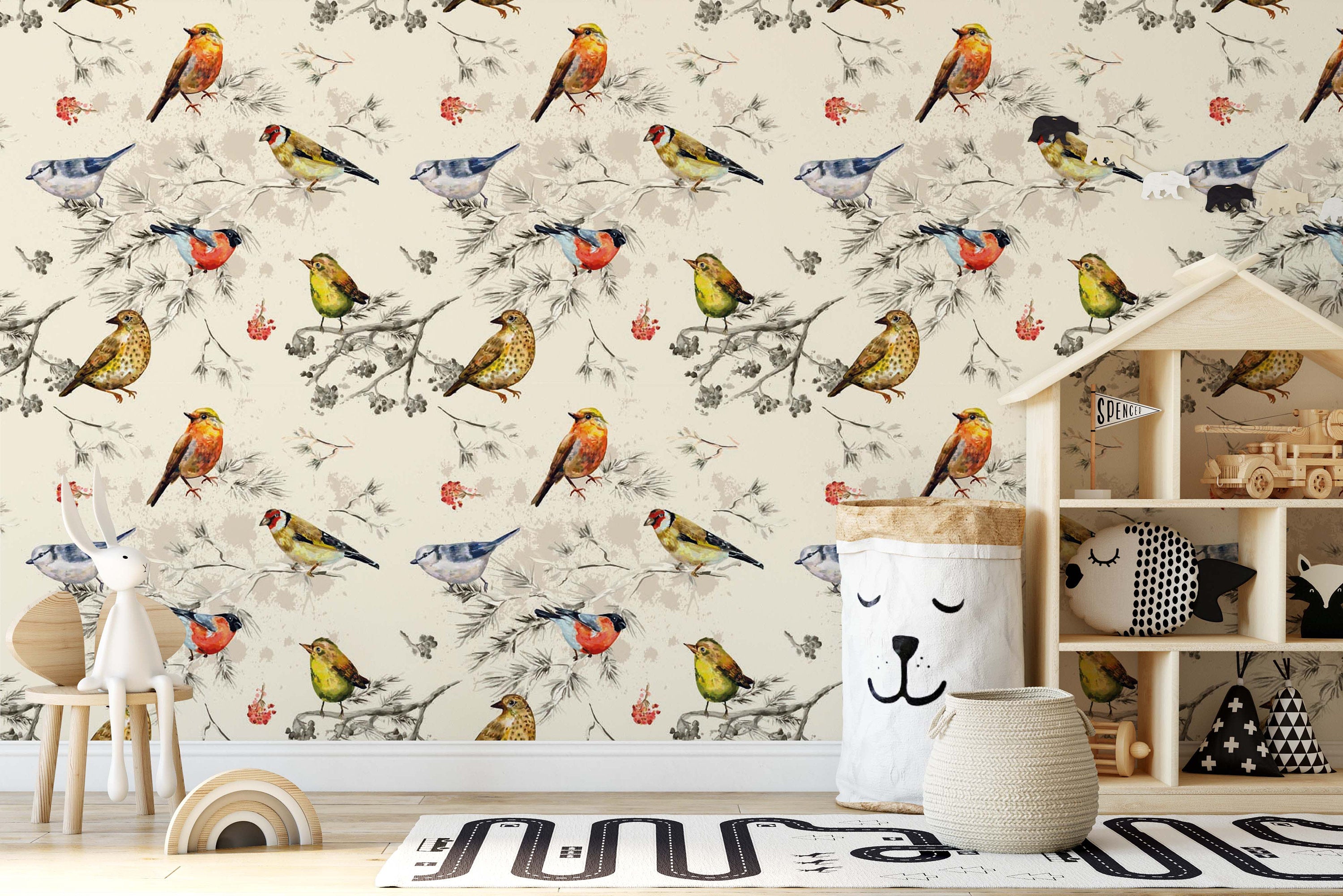 Vintage Texture Colorful Little Birds Watercolor Wallpaper Self Adhesive Peel and Stick Wall Sticker Wall Decoration Scandinavian Removable