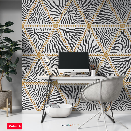 Geometric Triangle Shapes Zebra Stripes and Baroque Golden Chains Wallpaper Self Adhesive Peel & Stick Wall Sticker Wall Decoration