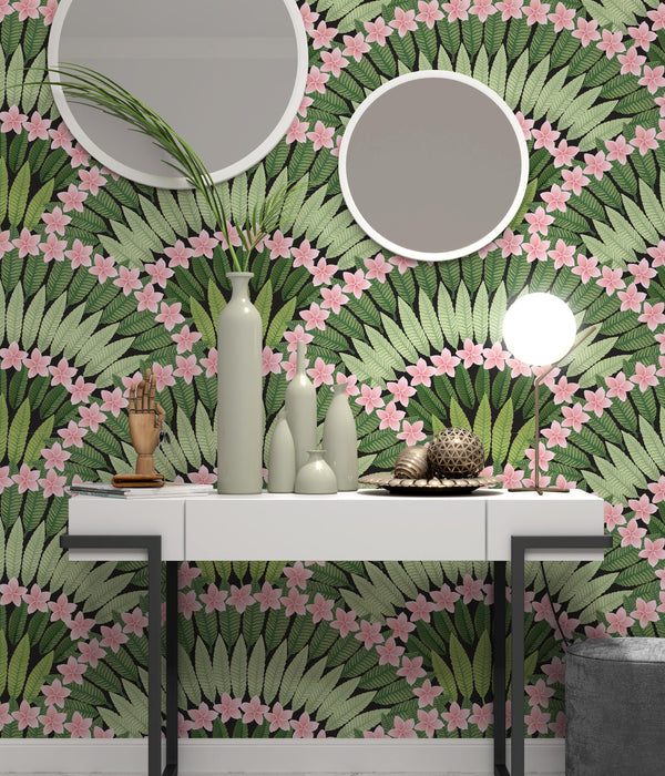 Hand Drawn Tropical Pink Plumeria Flowers Leaves Floral Wallpaper Self Adhesive Peel and Stick Wall Sticker Wall Decoration Removable