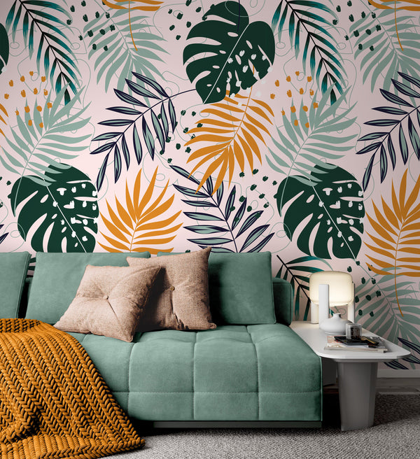 Abstract Tropical Leaves and Bright Plants Summer Trend Wallpaper Self Adhesive Peel and Stick Wall Sticker Wall Decoration Removable