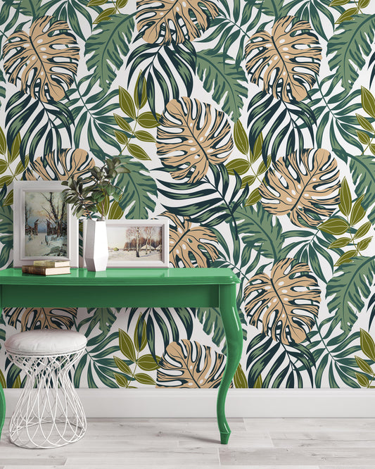 Summer Trend Tropical Exotic Leaves and Bright Plants Wallpaper Self Adhesive Peel and Stick Wall Sticker Wall Decoration Removable