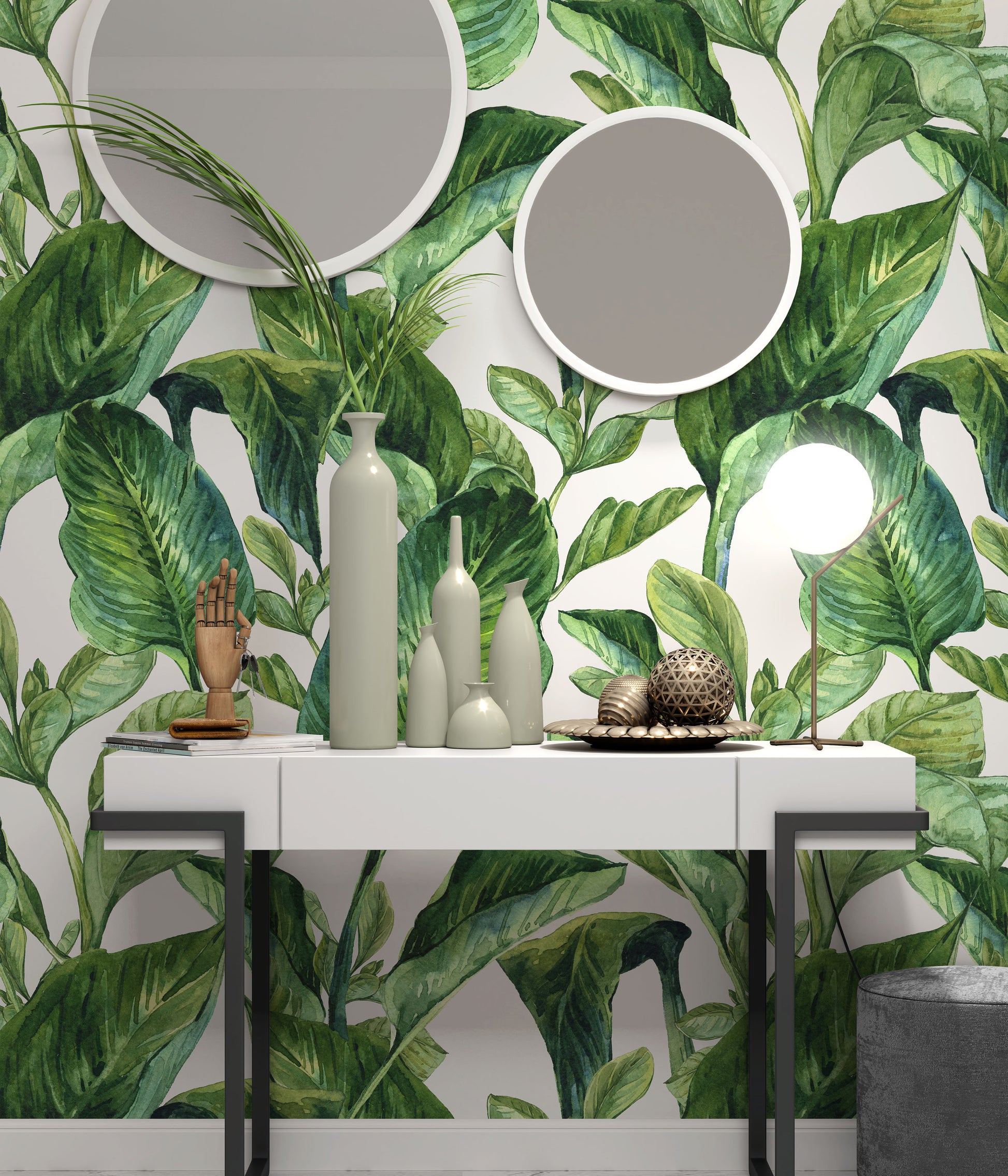 Green Leaves Luxury Floral Wallpaper Self Adhesive Peel and Stick Wall Sticker House Design Minimalistic Scandinavian Design Removable