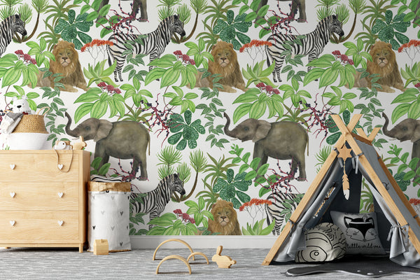 Tropical Flowers African Animals Zebra Elephant Lion Wallpaper Self Adhesive Peel and Stick Wall Sticker House Design Removable