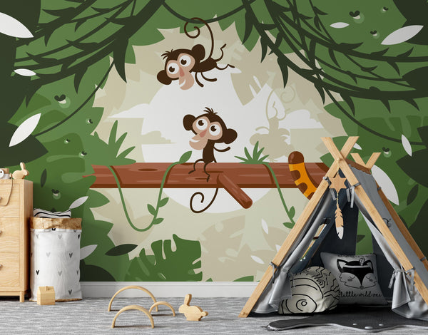Cute Monkeys on Tree Among Vegetation and Tail of Tiger in Jungle Wallpaper Self Adhesive Peel &Stick Wall Sticker Wall Decoration Removable
