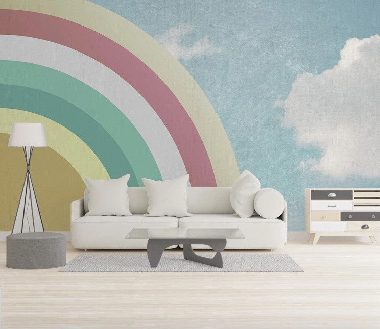 Blue Sky Half Rainbow and Clouds Wallpaper Self Adhesive Peel and Stick Wall Decoration Minimalistic Scandinavian Removable