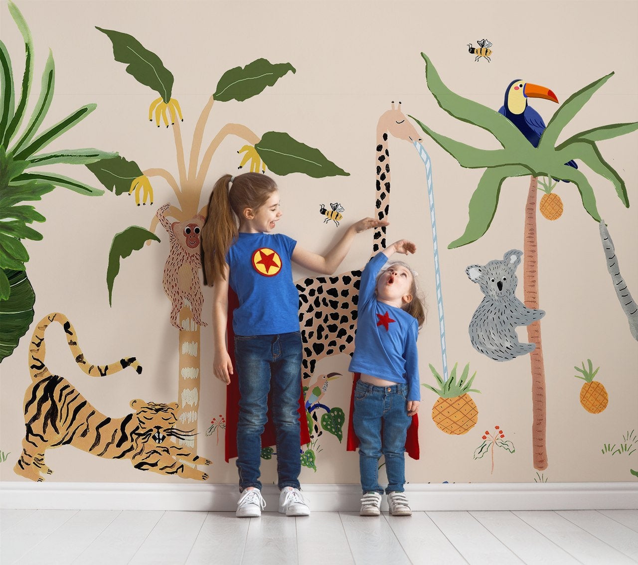 Banana Palm Tree Cute Giraffe Monkey Koala Parrot in Jungle Wallpaper Self Adhesive Peel &Stick Wall Sticker Wall Decoration Removable