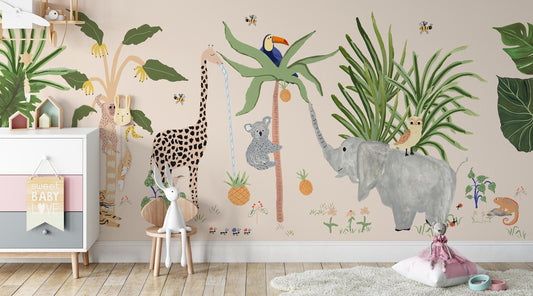 Banana Palm Tree Cute Giraffe Monkey Koala Parrot in Jungle Wallpaper Self Adhesive Peel &Stick Wall Sticker Wall Decoration Removable