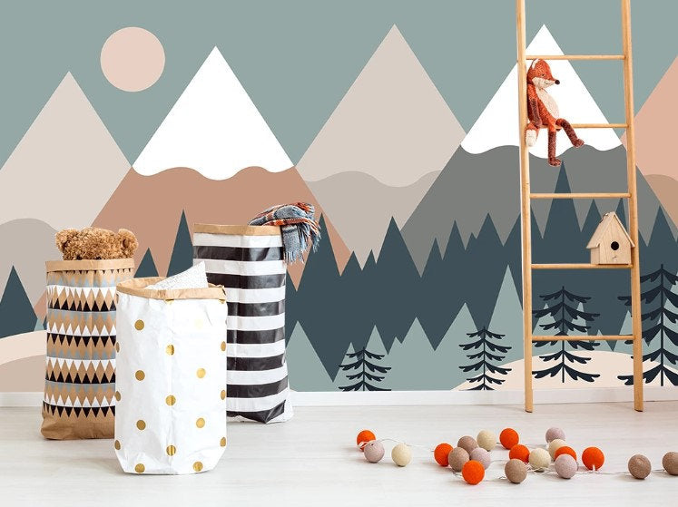 Snowy Row of Mountains Forest Wallpaper Self Adhesive Peel and Stick Wall Sticker Wall Decoration Minimalistic Scandinavian Removable