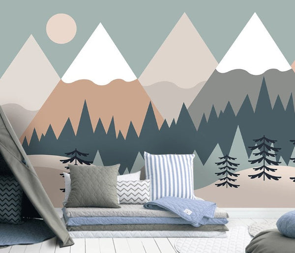 Snowy Row of Mountains Forest Wallpaper Self Adhesive Peel and Stick Wall Sticker Wall Decoration Minimalistic Scandinavian Removable