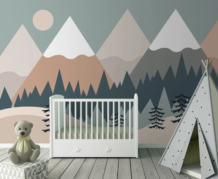Snowy Row of Mountains Forest Wallpaper Self Adhesive Peel and Stick Wall Sticker Wall Decoration Minimalistic Scandinavian Removable