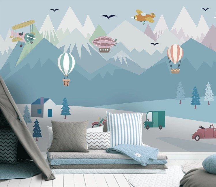 Row of Mountains Cars Aircraft and Air Balloons Wallpaper Self Adhesive Peel and Stick Wall Sticker Wall Decoration Scandinavian Removable