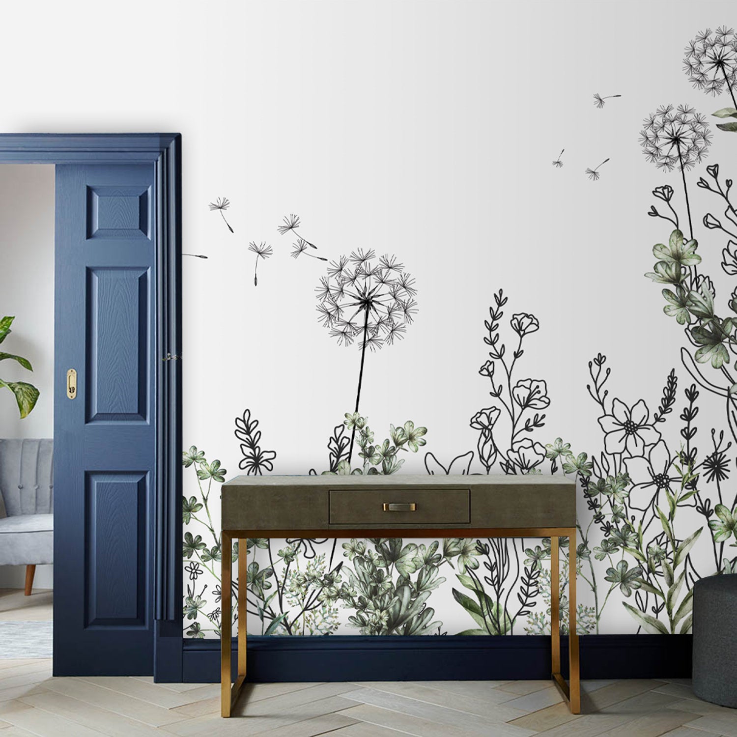 Hand Draw Abstract Garden Plants Flowers Wallpaper Self Adhesive Peel and Stick Wall Sticker Wall Decoration Scandinavian Design Removable